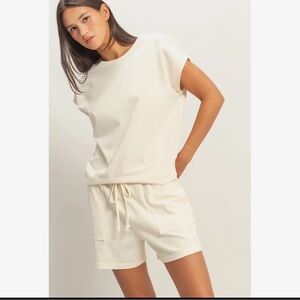 Ivory cream mineral cotton washed sweatshirt top and short boho lounge Set